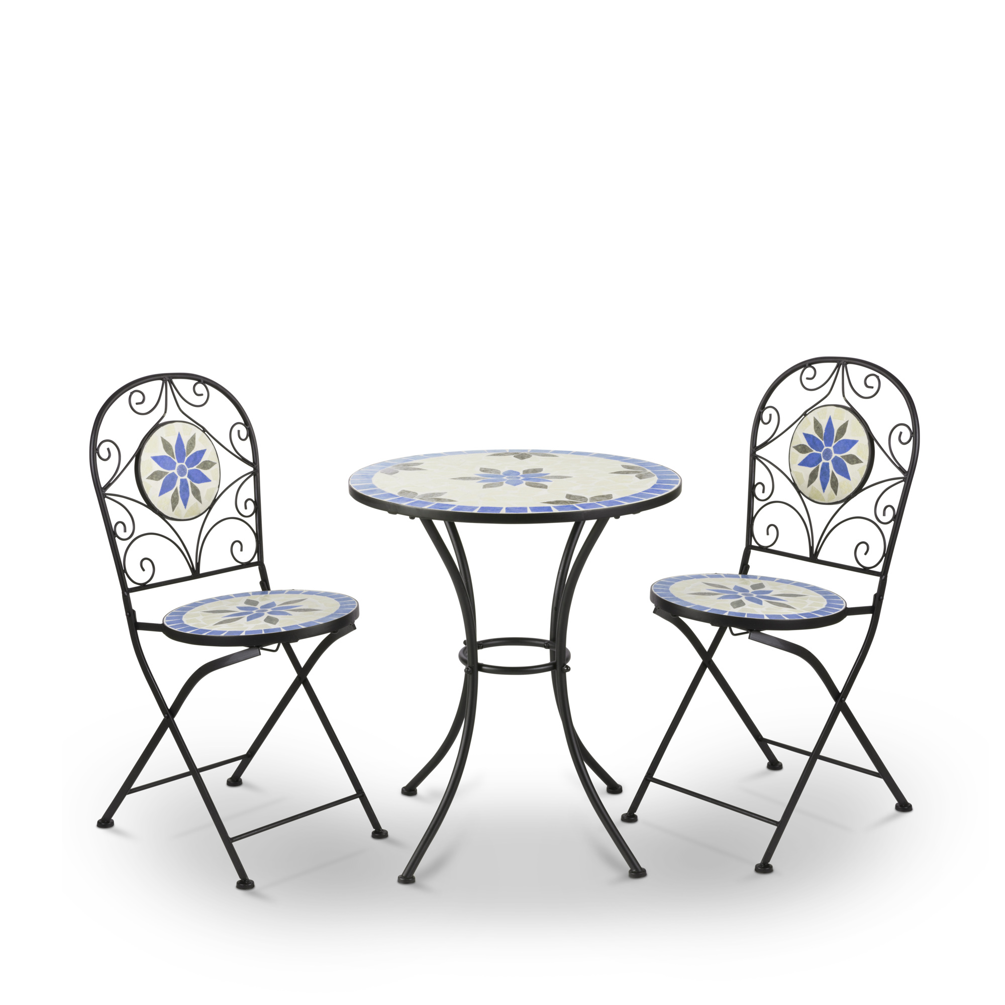 Alpine Corporation, Mosaic Folding Bistro Set,3-Piece,Blue and Beige, Pieces (qty.) 3 Primary Color Other, Seating Capacity 2 Model# JFH1284A